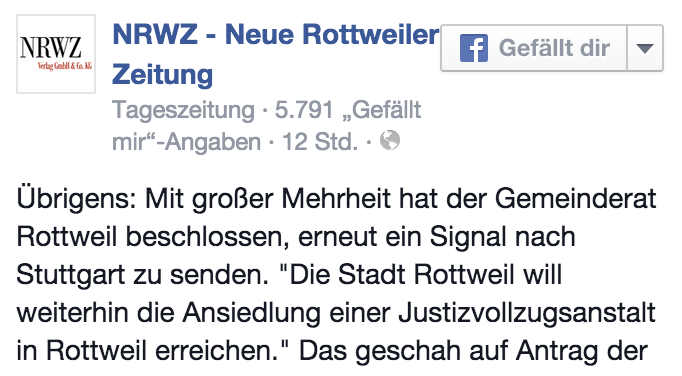 NRWZ in Facebook: Wichtiges Signal an Stuttgart
